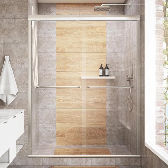 Seawin Strada 44 - 48 x 76 inches Frameless Bypass Sliding Shower Door 3/8 in. (10 mm) Clear Tempered Glass with NanoShield Coating Brushed Nickel