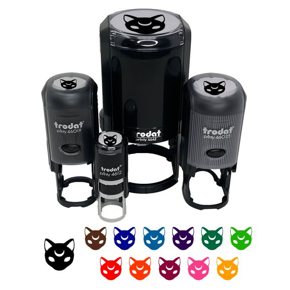 Witch Cat Head with Moon on Forehead Self-Inking Rubber Stamp Ink Stamper - Black Ink - Mini 1/2 Inch