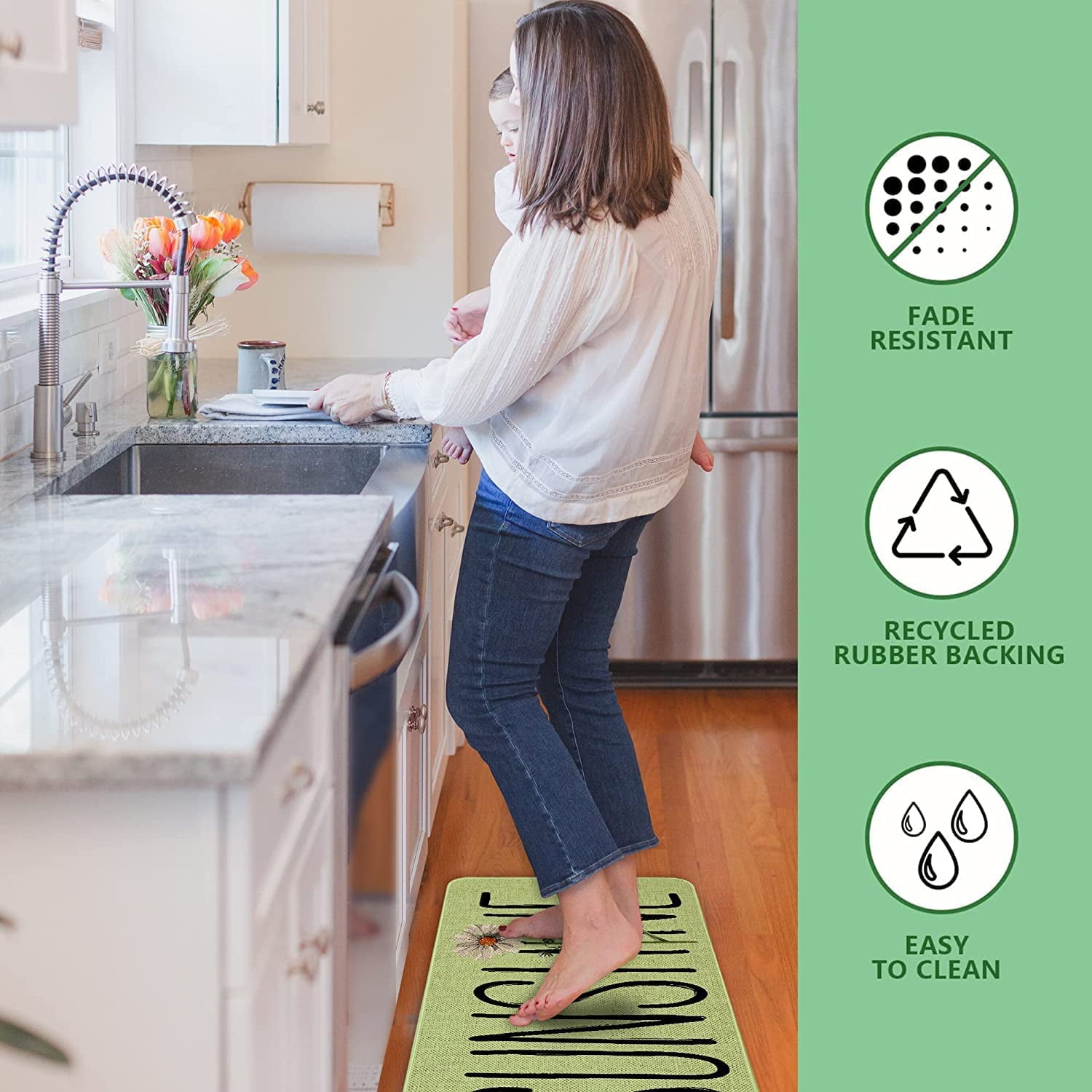 Sunhine Spring Decor Door Mat - Green Farmhouse Welcome Summer Mats Outdoor Colorful Flowers Doormat Non Slip Rubber Floral Decorative Front Door Mats Indoor Rug 17" x 30"