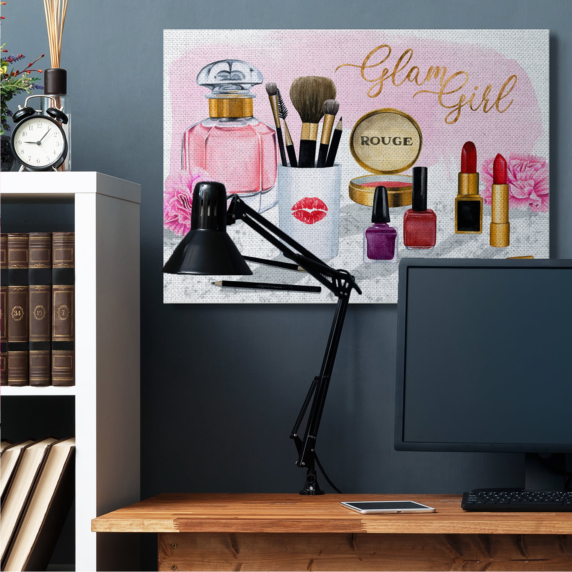 Stupell Industries Glam Girl Phrase with Fashion Cosmetic Accessories Beauty & Fashion Painting Gallery Wrapped Canvas Art Print Wall Art, 36 x 48