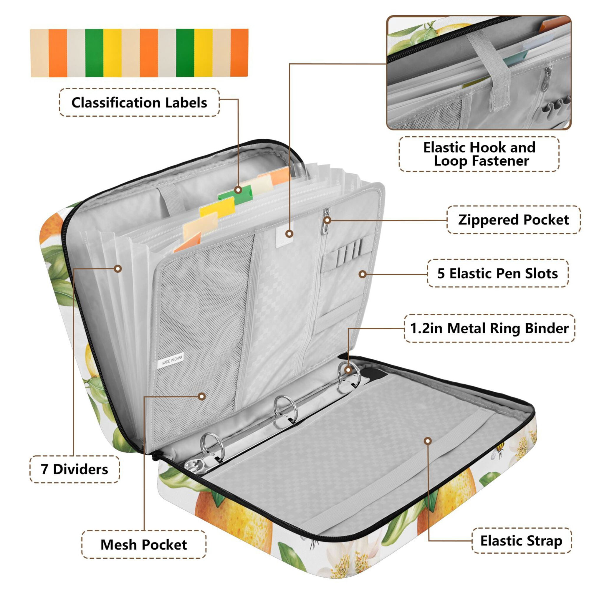 FORMRS Accordion File Folder A4 Size 7-Pocket Expanding Document Organizer Bag with 3 Ring Binder, Floral Watercolor Oranges