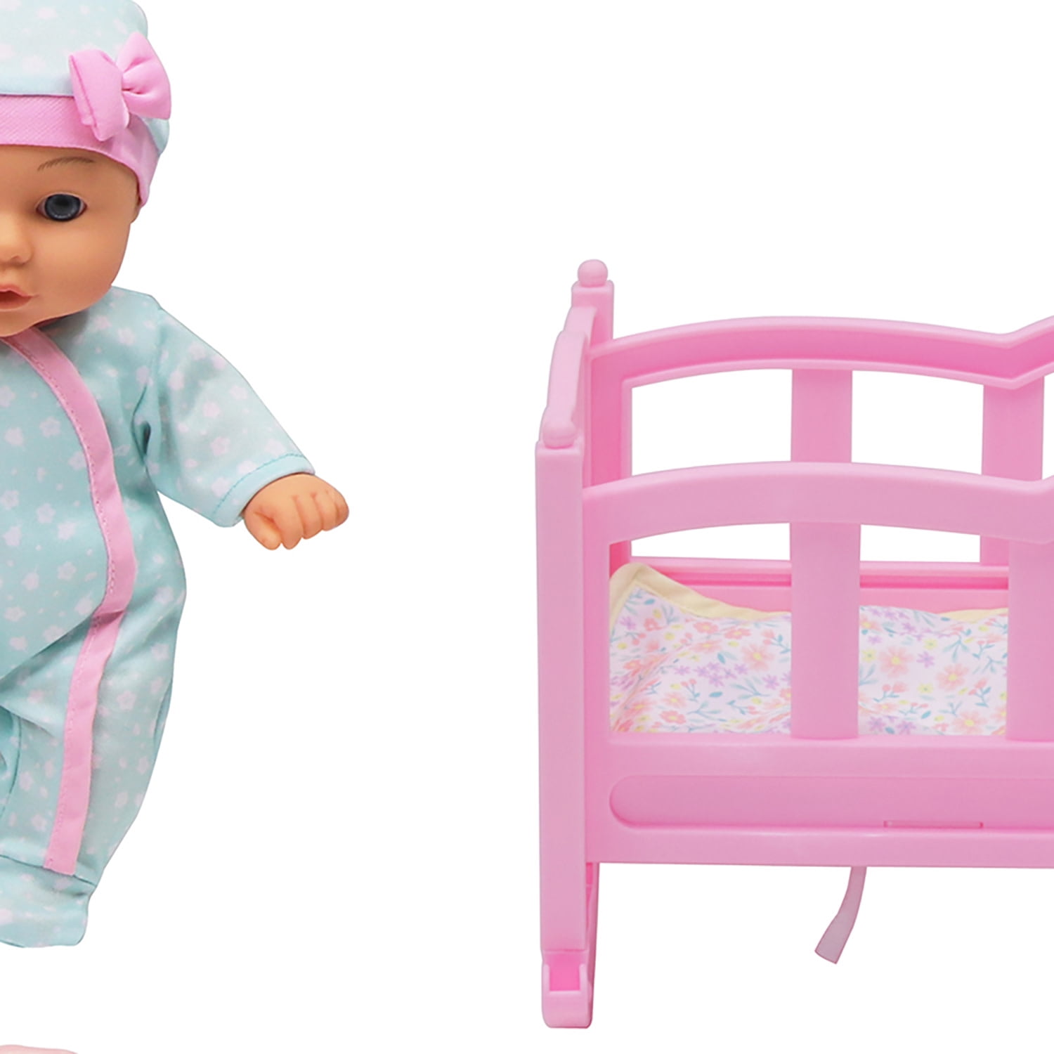 Dream Collection: Musical Crib & 12" Baby Doll Set - Blue & Pink Onesie, Sleep Cap, Rocking Crib Plays Soothing Lullabies, Toy Rattle, Kid-Toddlers 2+