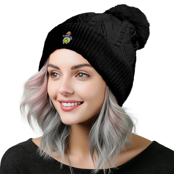 Dalix Sorcerer Frog Cable Knit Pom Beanie Soft Stretch Skully Warm Fuzzy Faux Sherpa Winter Ski Beanie in Black