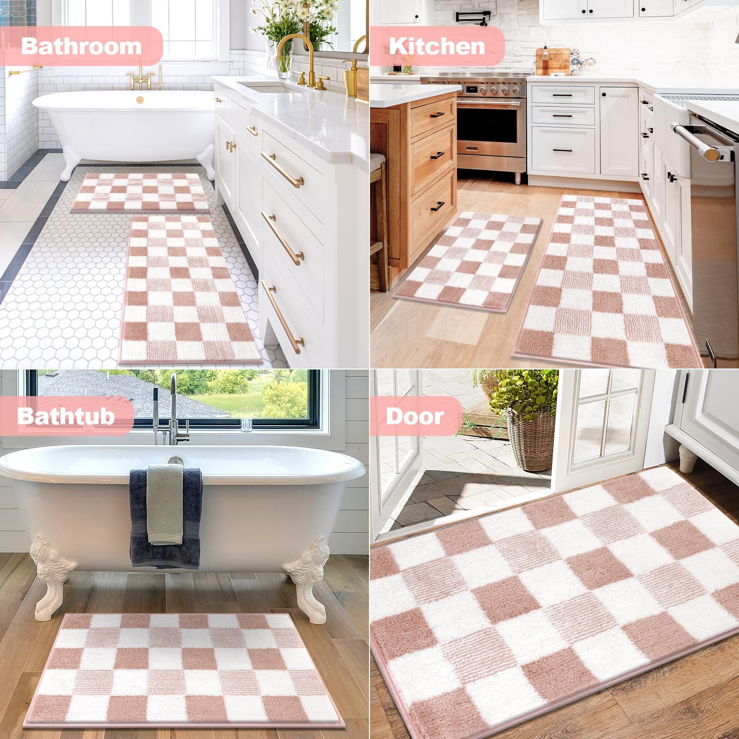 Bathroom Rugs, Yamaziot Checkered Bath Rugs Set 3, Non Slip Absorbent Bathroom Runner with Toilet Cover Mat, Washable Extra Soft Microfiber Floor Carpet