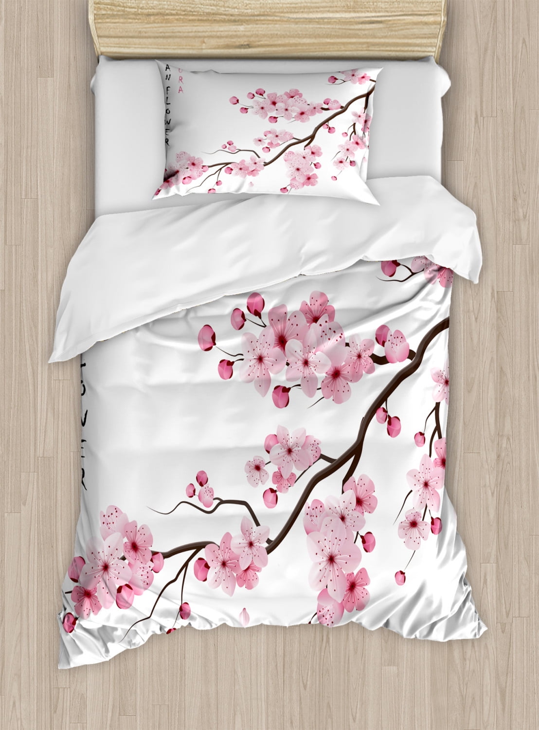 Asian Duvet Cover Set, Illustration of Japanese Cherry Branches with