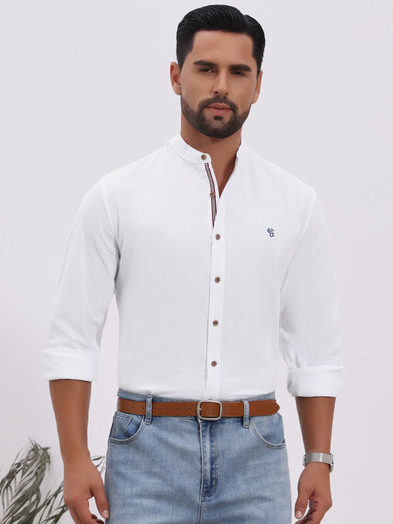 DARING DIVA Men's Stand Collar Long Sleeves Button Down Linen Shirts XL White
