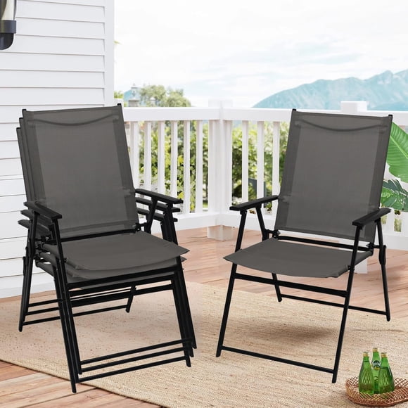 Set of 4 Outdoor Folding Chairs, Portable Patio Dining Chairs with Armrests & High Back, Sturdy Steel Frame for Garden, Lawn, Poolside, Camping (Gray)