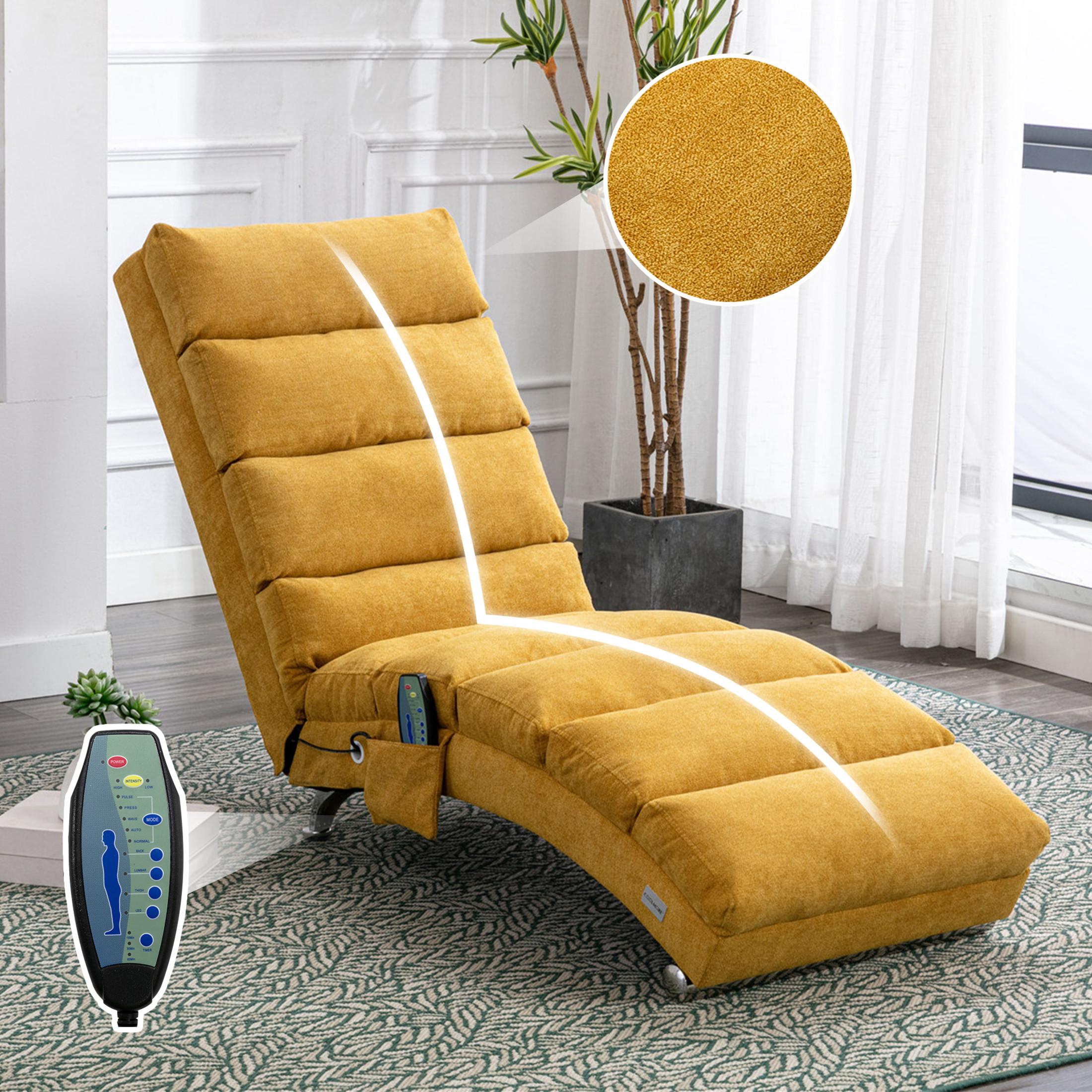 Noble House Upholstered Chaise Lounge Chair with Vibration, Linen Fabric Leisure Recliner, Mustard
