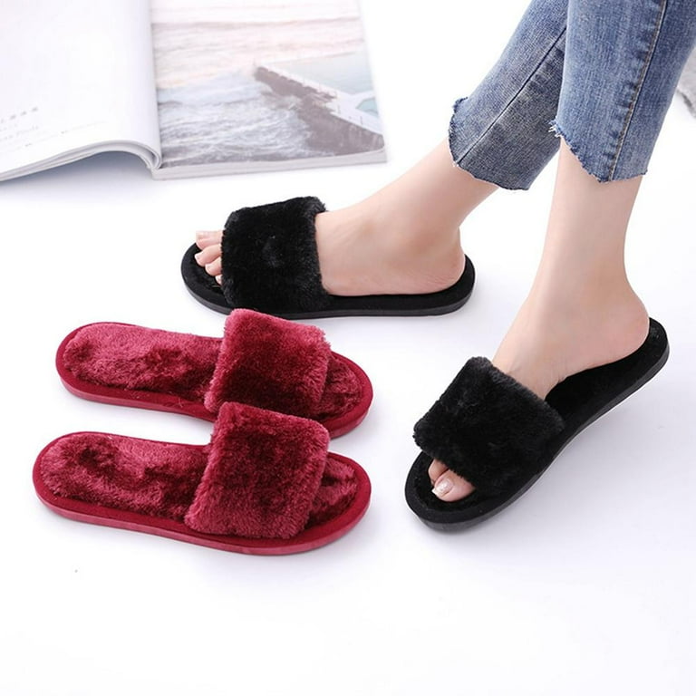 Women s Wool Fur Slippers Plush Leather Slippers Shearling Fur Fluffy Fuzzy House Bedroom Shoes Slides Walmart