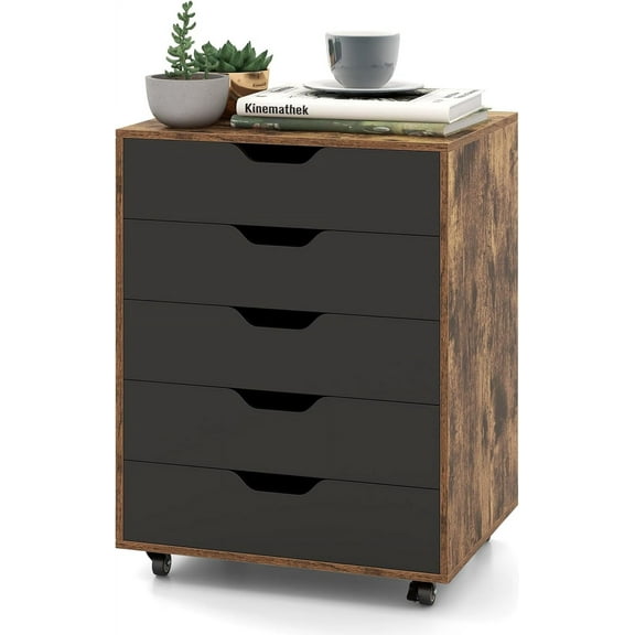 5 Drawer File Cabinet, Mobile Filing Cabinet with Universal Wheels, Office Cabinet w/ 5 Drawers, Vertical Printer Stand, Rolling Storage Cabinet, File Cabinets for Home, Office (Rustic Brown)