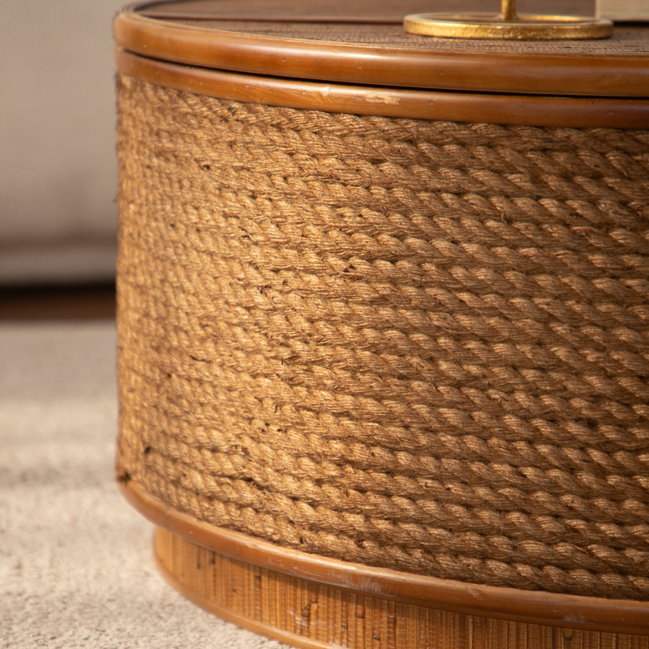 Noble House 16" Round Rattan Storage Coffee Table with Lift-Off Lid and Hand-Woven Rope Trim, Boho-Chic, Natural Wood