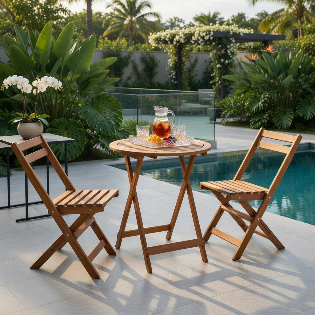 Hommoo 3-Piece Foldable Acacia Wood Patio Bistro Set, Slatted Table & Comfort-Curved Chairs for Poolside, Garden & Small Outdoor Spaces, Natural