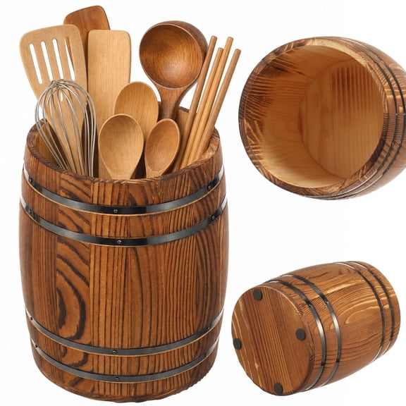 Wooden Utensil Holder, Vintage Barrel Kitchen Crock Countertop Organizer, Non-Slip Base, 5.5'', Brown