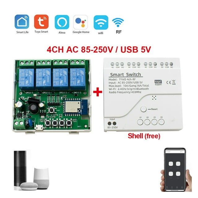 Interrupteur Wifi Intelligent Récepteur RF 4CH Module Relais Tuya Smart Life APP avec Contrôle Sans Fil Ouvre-Porte de Garage, Facile à Utiliser
