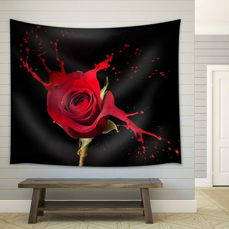wall26 - red rose with red splashes on black background - Fabric Wall Tapestry Home Decor - 68x80 inches