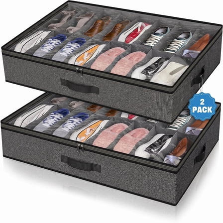 Scidweet 2 Pack Under Bed Shoe Storage Organizer for Closet, Fits Total 32 Pairs Foldable Underbed Shoes Containers