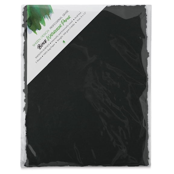 Shizen Black Watercolor Paper - 9" x 12", Hot Press/Smooth, 5 Sheet Pkg