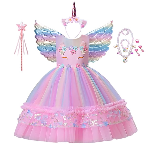 Vestido de princesa arcoíris Pastel para niñas pequeñas, vestido de fiesta de cumpleaños de noche de boda, disfraz de Cosplay de unicornio para niños Fivean unisex