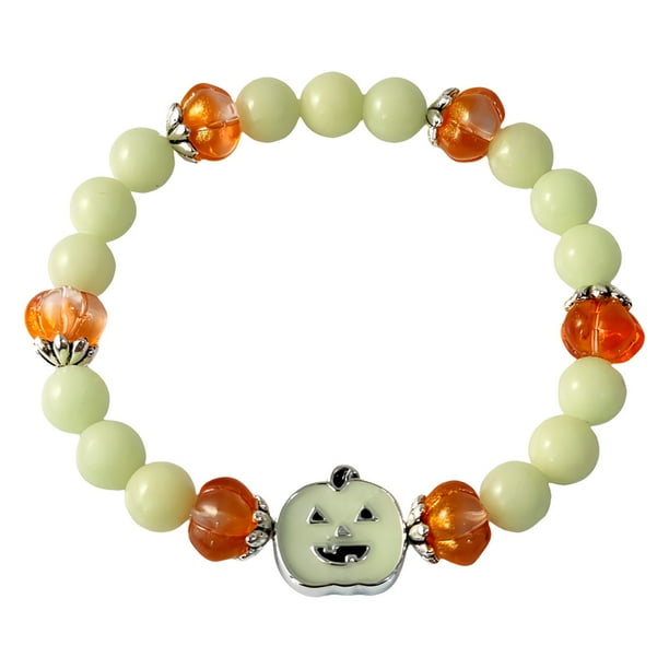 Xihbxyly Pulsera de Cuentas de Halloween, Diseño Luminoso de Cara de Fantasma de Calabaza, Unisex, Ajustable, Brilla En La Oscuridad, Accesorio Festivo, Joyería Navideña para Parejas, Tamaño de 8 Mm