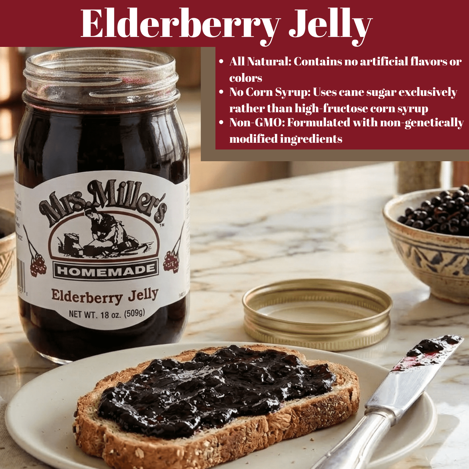 Mrs. Miller's Elderberry Jelly Homemade Amish Pack of 2 20 oz