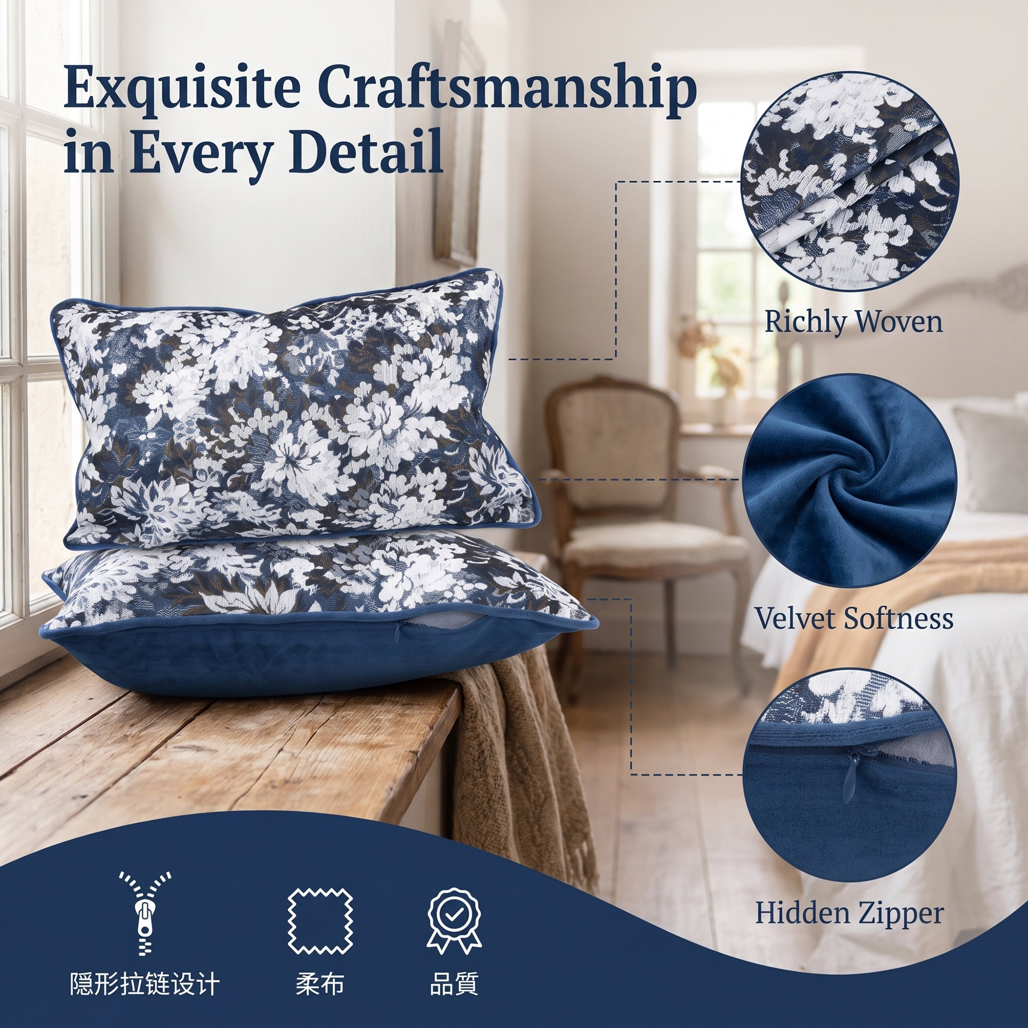 Unique Bargains Floral Throw Pillow Cover with Piped Edge Decor Cushion Case Blue 20"x12"