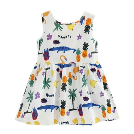 Baby Girl Summer A-Line Dress, Sleeveless Cotton Cartoon Print Princess Dress, Children Dresses