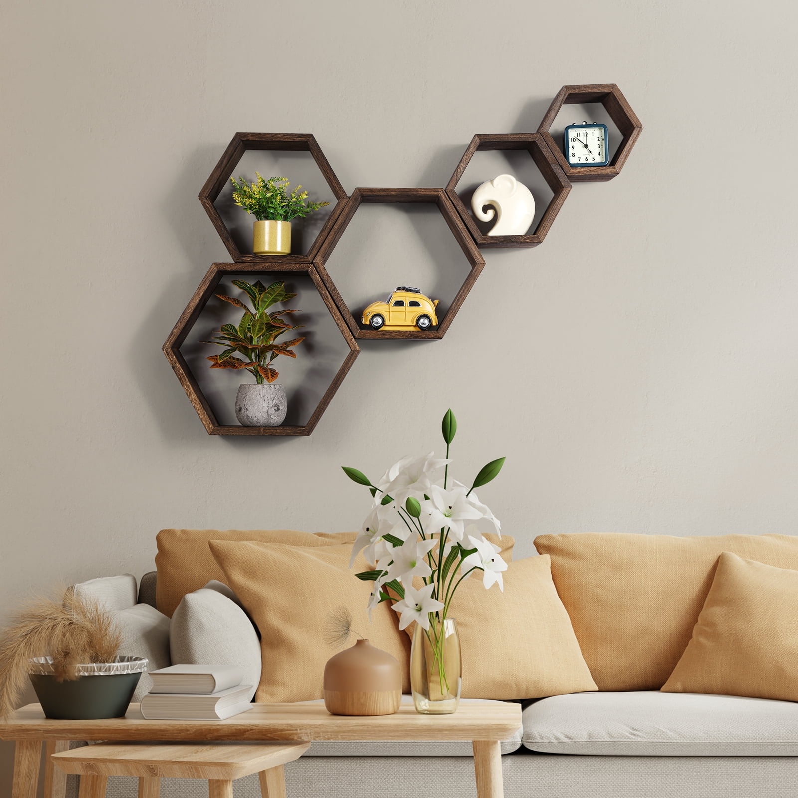 Hexagon Floating Shelves 5 Different Sizes Honeycomb Shelves for Wall, Brown