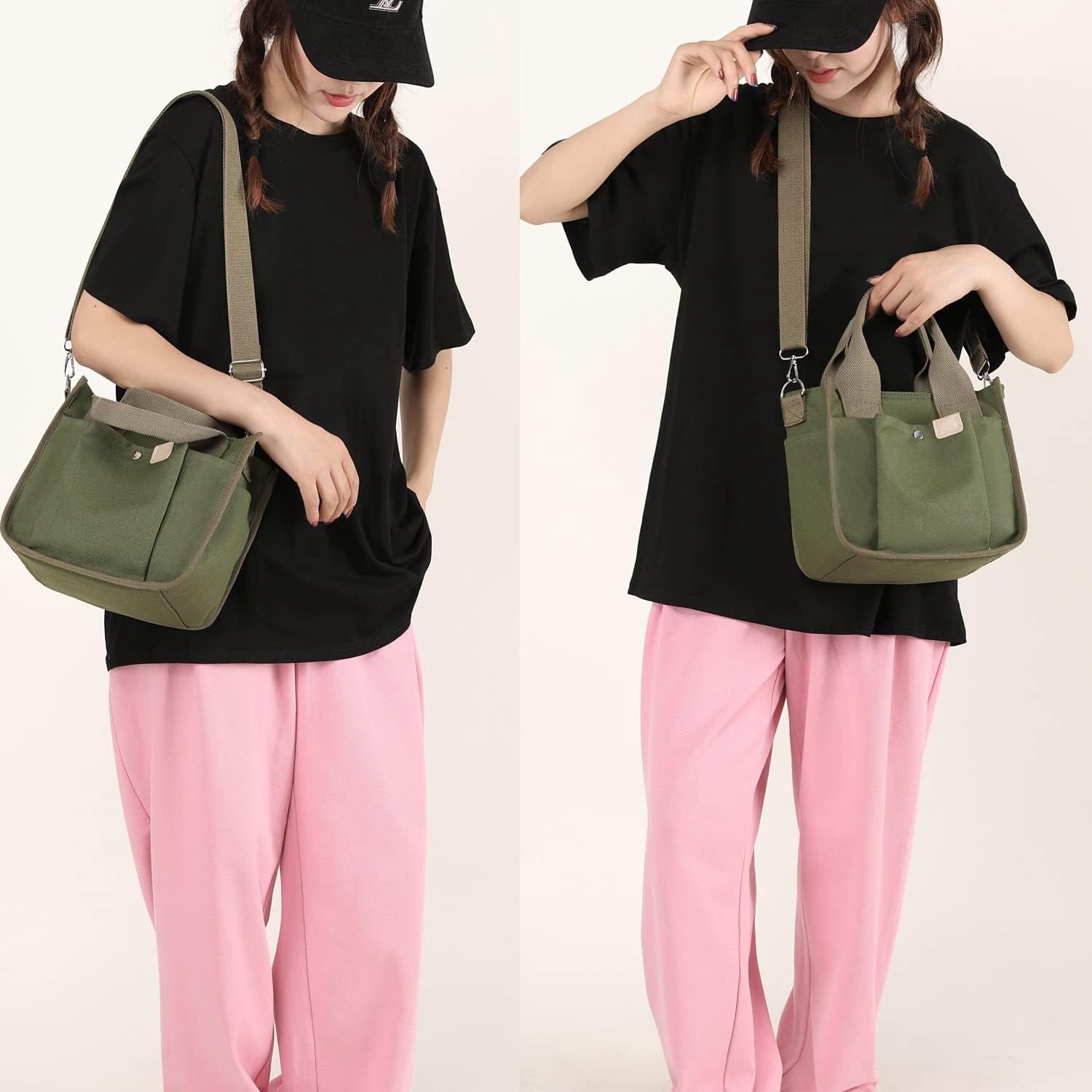 Small Canvas Tote Bag with Pockets for Women, Cute Mini Crossbody Shoulder Bags, Casual Satchel Purse Hobo Messenger Handbag