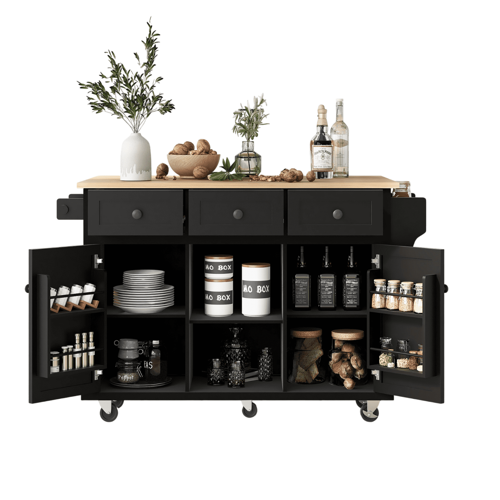 Homy Casa Drop-Leaf Kitchen Island with Storage, Wheels, Adjustable Shelves & Spice Rack, Black