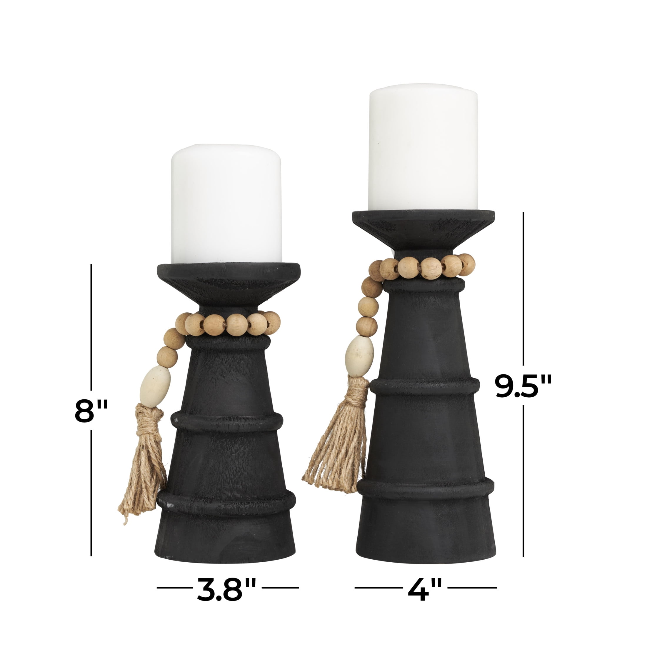 DecMode 2 Candle Black Wood Handmade Textured Matte Candle Holder with Beaded Garland Accent, Set of 2
