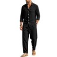 thumbnail image 4 of Delconic Mens Linen Blend Two Piece Outfit Loose Fit Long Sleeve Button Front Shirt and Straight Leg Pants Casual Set Black L, 4 of 8
