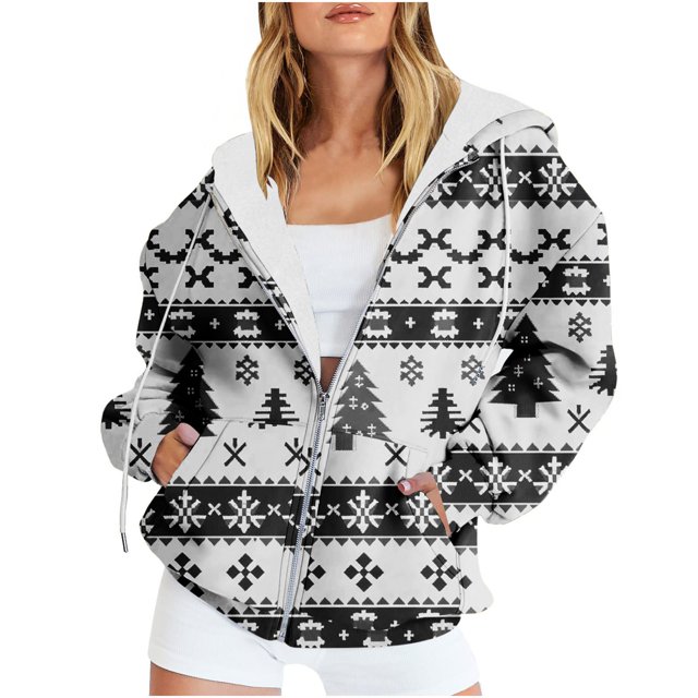 Sudadera con capucha y manga larga para mujer, informal, con estampado navideño, cremallera, manga larga, poliéster