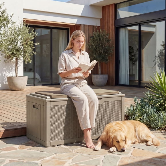 Homall Coffre de Terrasse Extérieur en Résine de 100 Gallons pour Toutes les Conditions Météorologiques, Solution de Rangement Verrouillable et Étanche avec Rangement pour Coussins, Brun Pâle