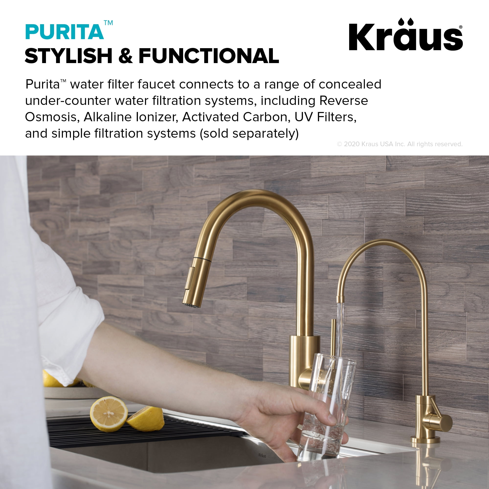 Purita 100% Lead-Free Kitchen Water Filter Faucet in Brushed Brass