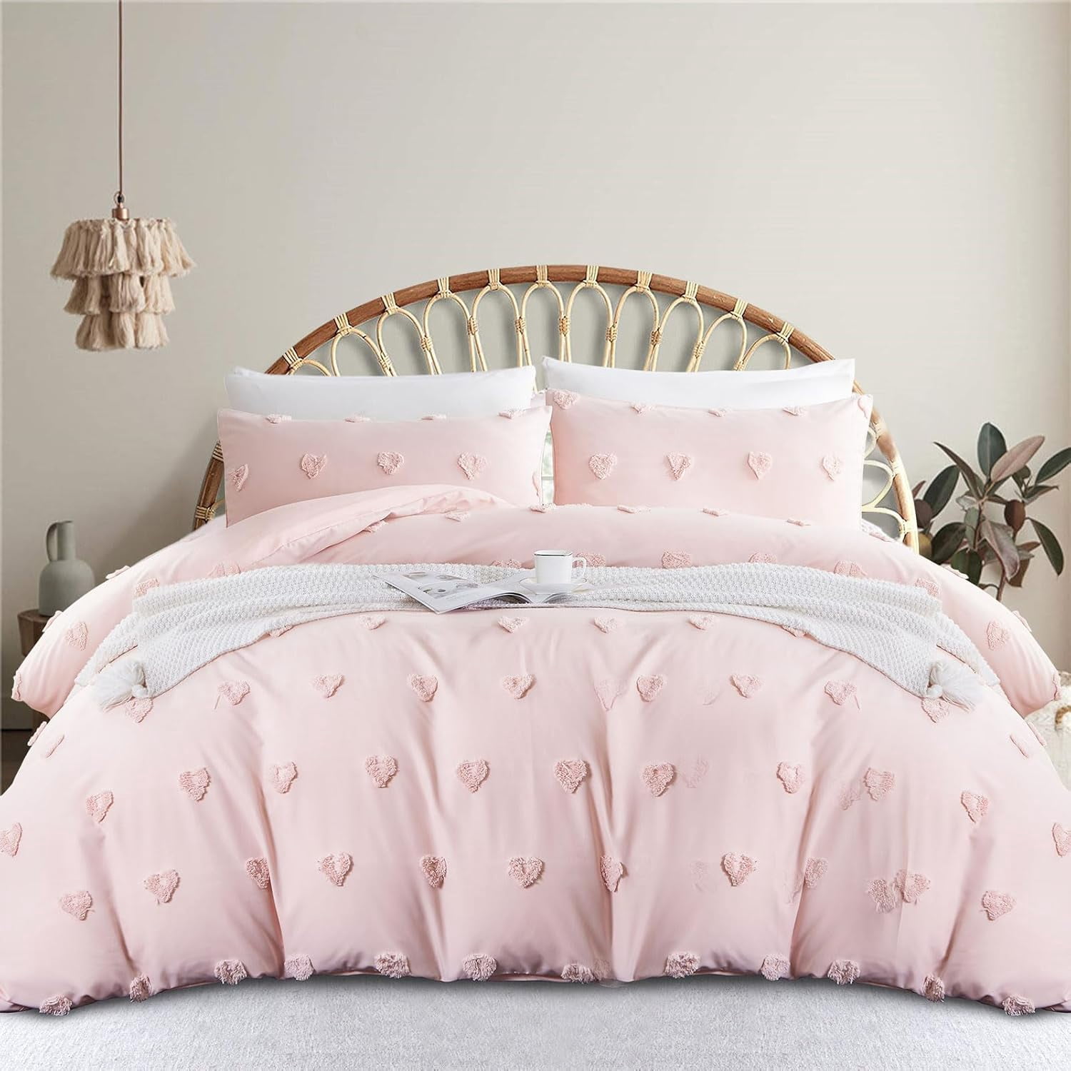 JOLUSERE Pink Tufted Heart Dot Duvet Cover Queen Set, 3 Pieces Ultra Soft Jacquard Embroidery Shabby Chic Bedding Set for All Season