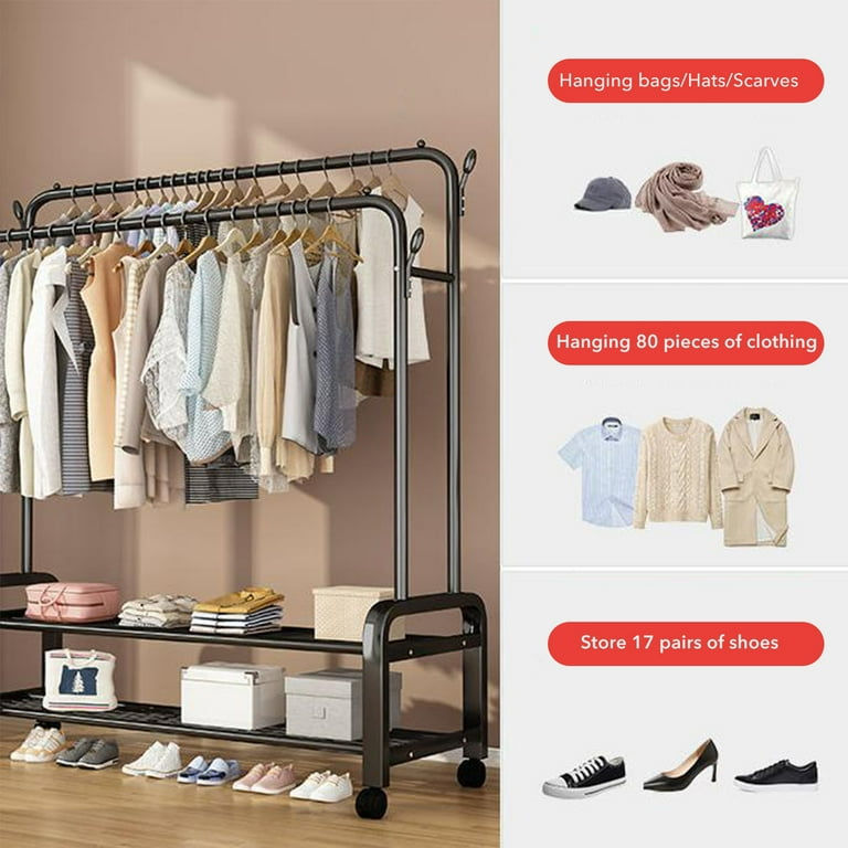 BN-LINK Double Rods Clothes Rack with Wheels, Rolling Clothing