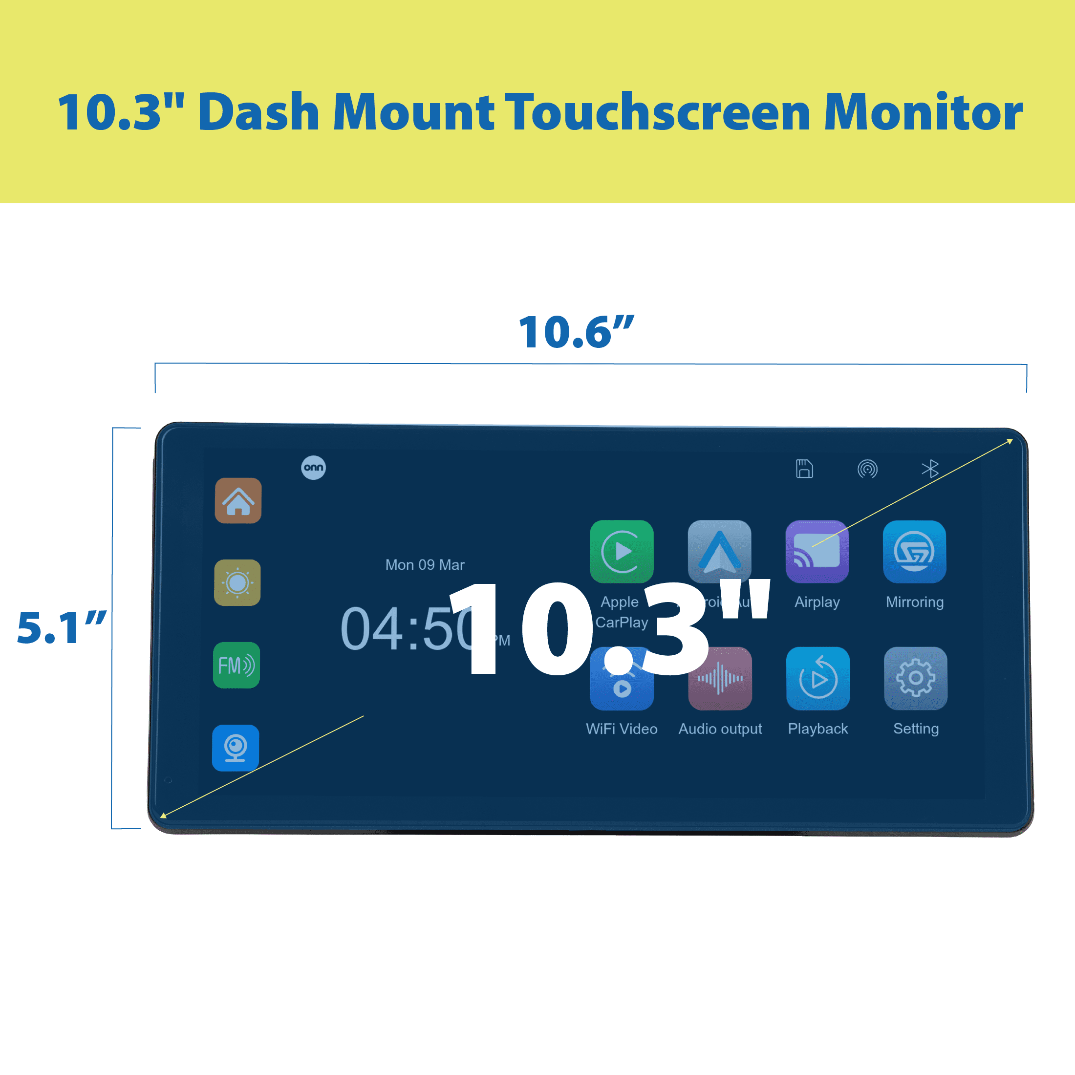onn 10.3" Wireless CarPlay & Android Auto On-Dash Monitor with Dash Cam & Rear Camera