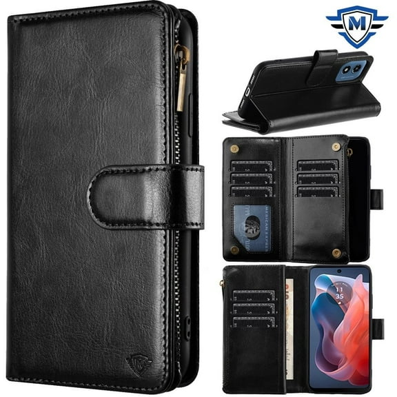 For Apple iPhone 16 (6.1") Premium Leather Zipper Wallet with Credit Card Slots Money Pocket Luxury Clutch Pouch Stand & Strap Cover, XPM Phone Case [Black]