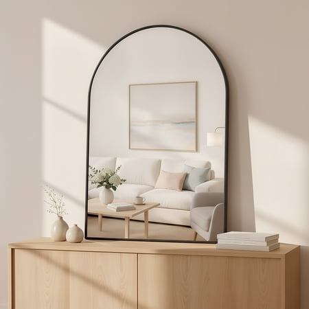 Condition photo showing New/Like New for liferecord 20x30 arched black bathroom mirror shatterproof wall vanity mirror with matte metal frame reinforced packaging