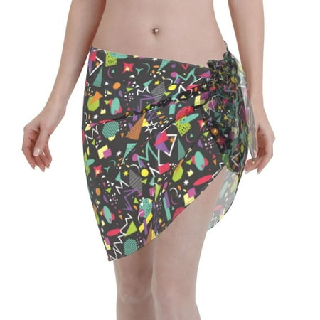 Qekee Colorful Geometric Figures Women s Short Sarongs Cover Ups Sheer Bikini Wraps for Swimwear