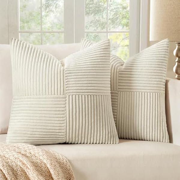 Chenchen Beige Decorative Throw Pillow Covers 18x18 Inch for Couch Bed Sofa Pack of 2 Boho Neutral Farmhouse Throw Pillows Soft Cross Corduroy Patchwork Textured Cushion Cases