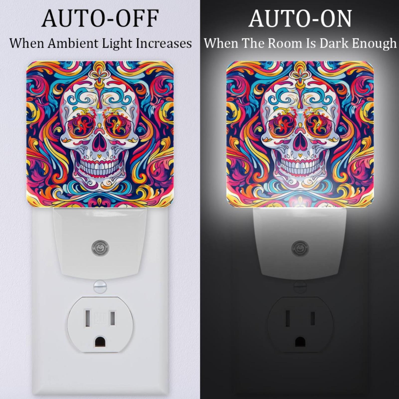 PhooArto Colorful Skull Pattern Plug in LED Night Light Auto Sensor Dusk to Dawn Decorative Night for Bedroom, Bathroom, Kitchen, Hallway, Stairs, Baby's Room, Energy Saving