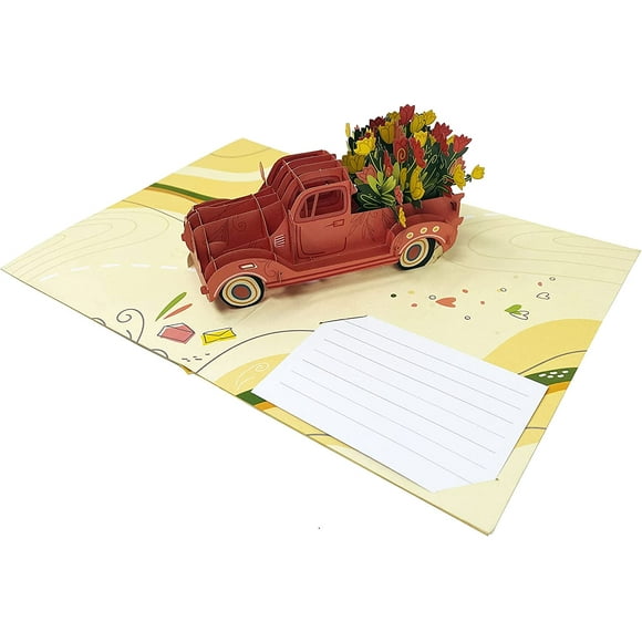 Tulip Flower Truck - 3D Pop Up Greeting Card For All Occasions - Love, Birthday, Christmas, Mother's Day, Good Luck,