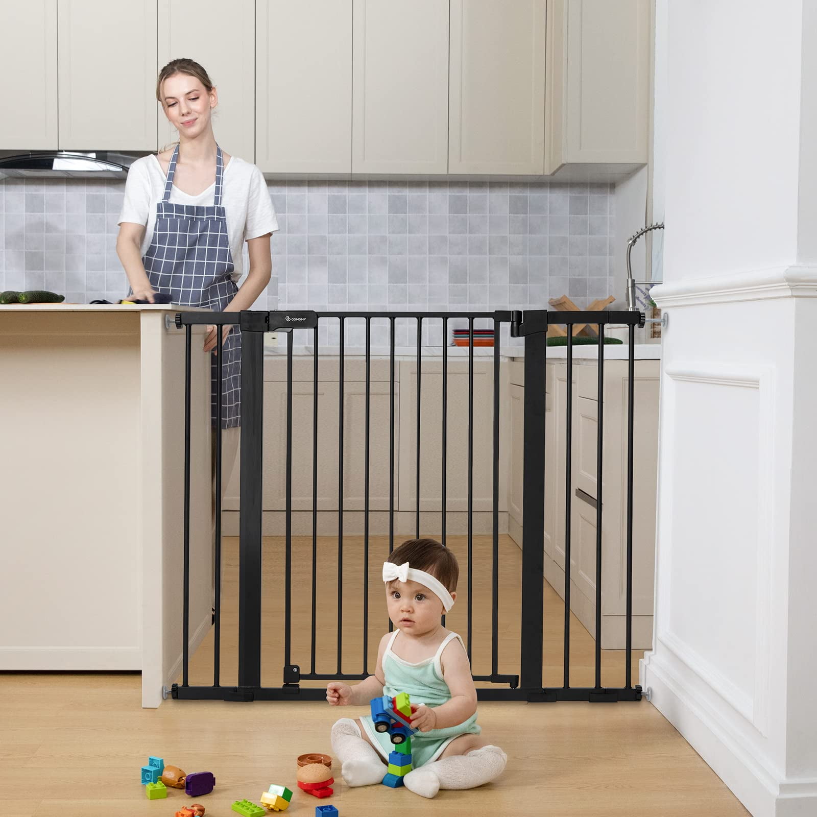 COMOMY 36" Extra Tall Baby Gate for Stairs Doorways, Fits Openings 29.5" to 48.8" Wide, Auto Close Extra Wide Dog Gate for House, Pressure Mounted Easy Walk Through Pet Gate with Door,