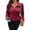 thumbnail image 2 of Women'S Large Size Casual Knitted Sweater Lapel V-Neck Solid Color Top Long Sleeve Shirt Wine Red XXXL, 2 of 8