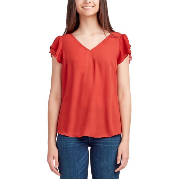 BCX Womens Tiered-Flutter-Sleeve Shell Blouse, terracotta, Juniors, S