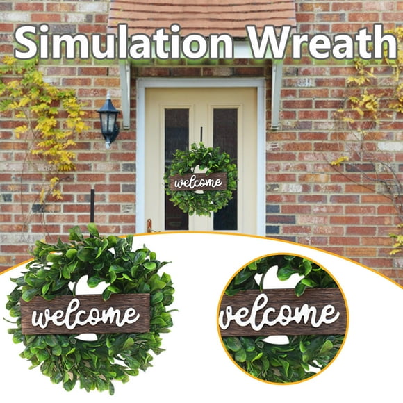 Wzzjkit Door Wreath, Simulation Wreath Welcome Door Decoration Green Wreath Wooden Sign Pendant, Wreaths for Front Door