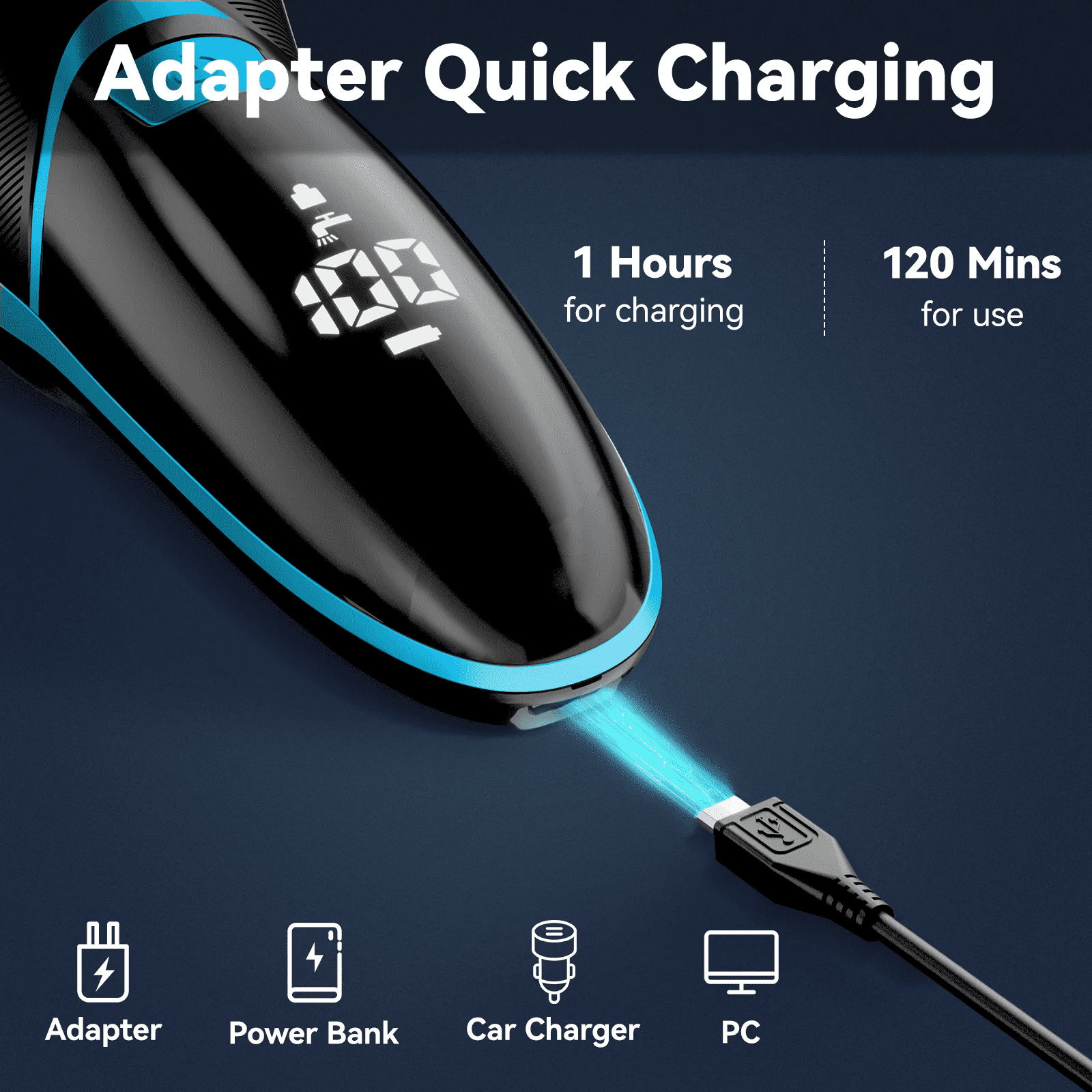 MAX-T Electric Razor for Men, USB-C Fast Charge 1H/120Min, IPX7 Waterproof Wet Dry, Pop-Up Beard Trimmer, 3D Floating Head, LED Display, Gift for Men, Blue