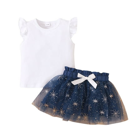 

Toddler Girls Outfits Fly Sleeve Ruffles Solid Tops And Snowflake Print Tulle Skirt Two Piece Casual Suit Outfits