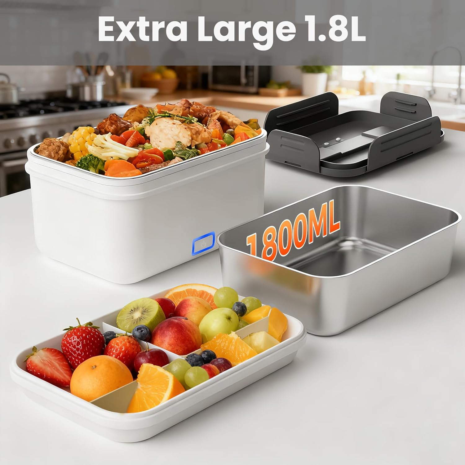 Herrfilk Cordless Electric Lunch Box, 1.8L Large Rechargeable Portable Food Warmer 4 in 1 Ultra Quick Self Heating Lunch Box with Storage Bag, Suitable for Travel/Driving/Construction Site Scenarios